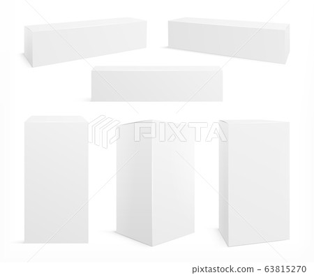 Realistic white box. Cosmetics packaging mockup, isolated paper packs. Medicine 3d blank boxes, closed containers. Product carton vector set Realistic white box. Cosmetics packaging mockup, isolated paper packs. Medicine 3d blank boxes, closed containers. Product carton vector set 63815270