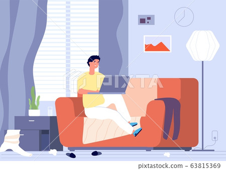 Gadget addiction. Man with laptop and room chaos. Freelancer works in dirty home. Male communicates on internet vector illustration 63815369