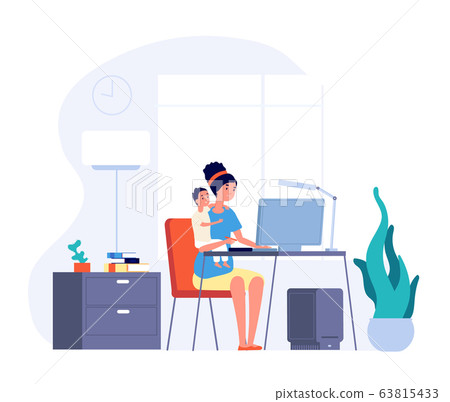 Mother freelance worker. Female working home and hugs baby. Professional mom, maternity and job. Woman freelancer with kid vector concept 63815433