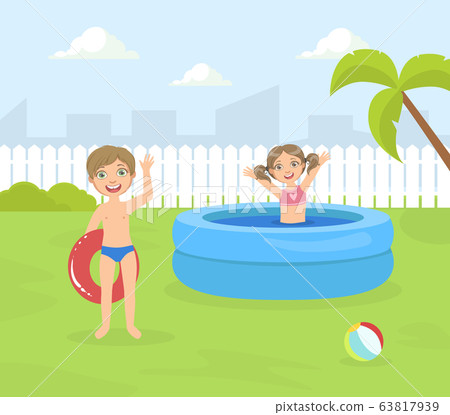 Boy and Girl Playing in Inflatable Pool in the Backyard Vector illustration 63817939