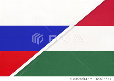 Russia vs Hungary national flag from textile. Russia vs Hungary national flag from textile. 63818545