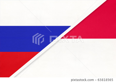 Russia vs Monaco national flag from textile. Russia vs Monaco national flag from textile. 63818565