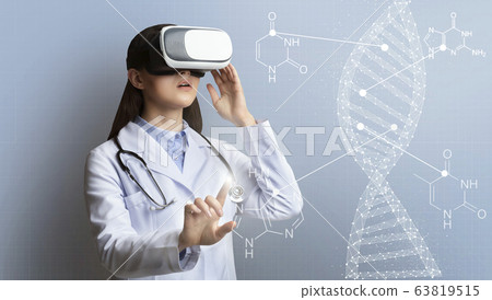 Medical technology. Collage with female medic wearing virtual reality headset and DNA molecule on virtual screen 63819515