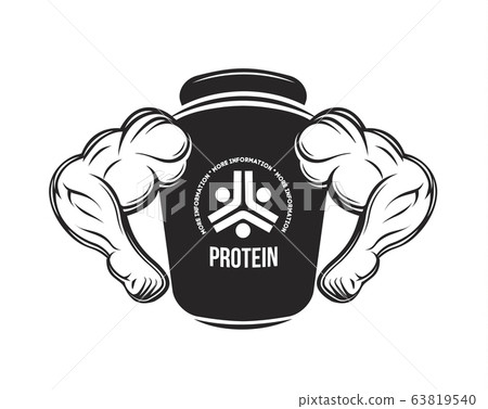 Sport nutrition. Protein jar. Fitness. Protein, dumbbell, energy drinks. Bodybuilding food supplement monochrome vector logo. 63819540