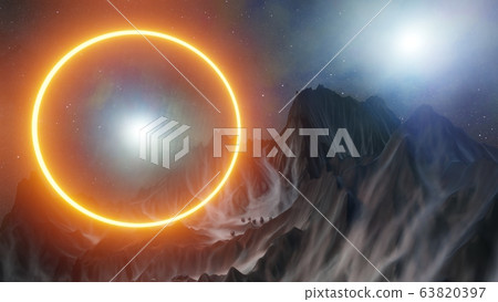 Abstract background of mountains and orange neon circle 63820397
