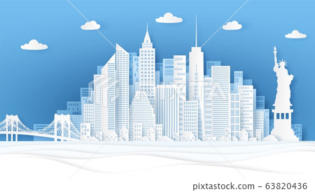 New York paper cut. Panorama famous landmarks of New York city in origami style, travel poster or postcard, greeting card vector background New York paper cut. Panorama famous landmarks of New York city in origami style, travel poster or postcard, greeting card vector background 63820436