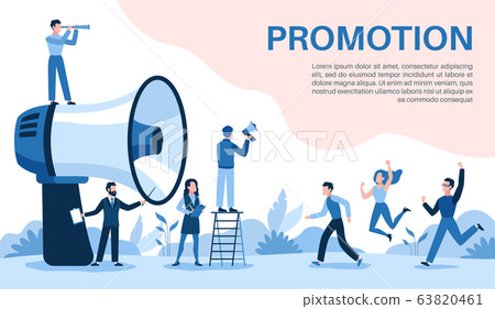 Promotion with megaphone. Big loudspeaker, promoter speaks people, attracts investors and businessmen, social media marketing vector concept Promotion with megaphone. Big loudspeaker, promoter speaks people, attracts investors and businessmen, social media marketing vector concept 63820461