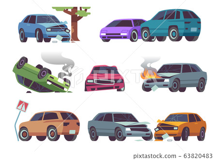 Car accident. Damaged vehicle on road, auto crash, cars collision. Traffic, transportation service insurance claim auto damage vector set Car accident. Damaged vehicle on road, auto crash, cars collision. Traffic, transportation service insurance claim auto damage vector set 63820483