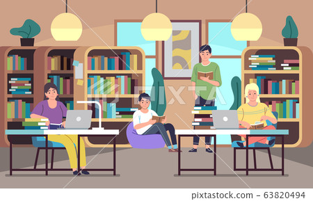 People in library. Young students, men and women read books, public library interior with bookshelves, desks and chairs flat vector concept 63820494