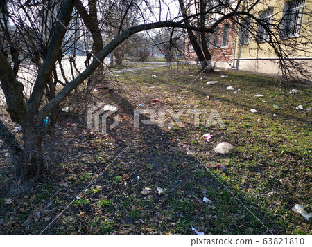 Scattered garbage on a spring grass. 63821810
