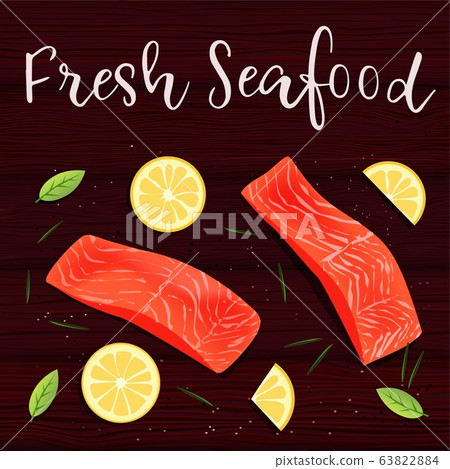 Still life top view flat lay with red fish, lemon, rosemary. Vector illustration on wooden table background. Still life top view flat lay with red fish, lemon, rosemary. Vector illustration on wooden table background. 63822884