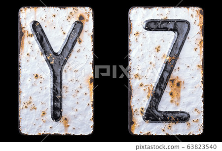 3D render set of capital letters Y, Z made of forged metal on the background fragment of a metal surface with cracked rust. 63823540