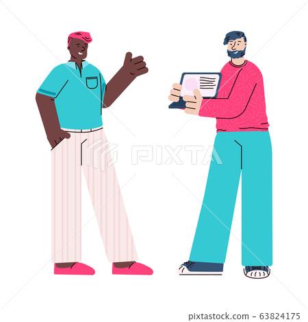 Two people looking at laptop screen - cartoon coworker men Two people looking at laptop screen - cartoon coworker men 63824175