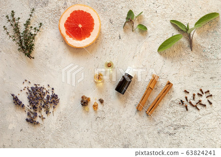 Antibacterial, antiviral and immune-boosting essential oils, with empty spaces for inscriptions 63824241