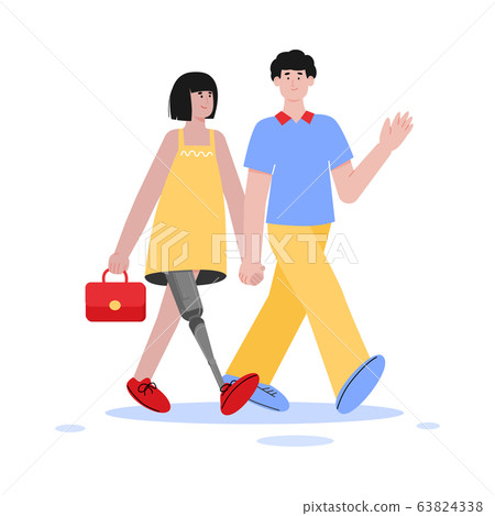 Cartoon girl with artificial leg in happy couple - young disabled woman 63824338