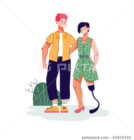 Couple of man and disabled woman flat cartoon vector illustration isolated. Couple of man and disabled woman flat cartoon vector illustration isolated. 63824350