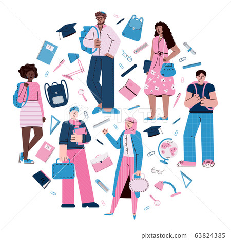 University education concept with students, flat cartoon vector illustration.