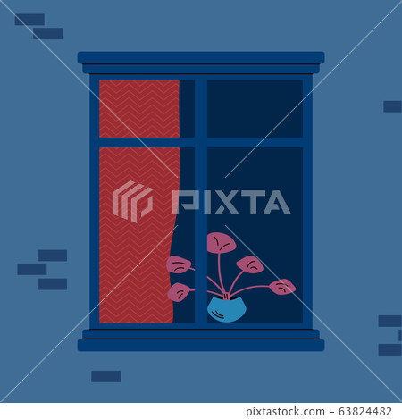 Outside view of window with red curtain and flower plant decoration Outside view of window with red curtain and flower plant decoration 63824482
