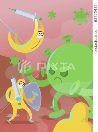 Doctors in special costumes fighting big angry virus. Fight covid-19 coronavirus concept. Flat vector illustration, vertical. Doctors in special costumes fighting big angry virus. Fight covid-19 coronavirus concept. Flat vector illustration, vertical. 63825452
