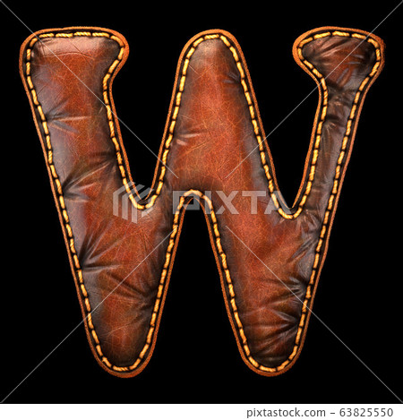 Leather letter W uppercase. 3D render font with skin texture isolated on black background. 63825550