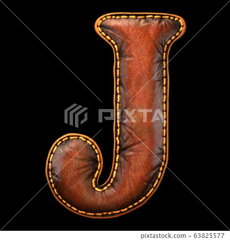 Leather letter J uppercase. 3D render font with skin texture isolated on black background. Leather letter J uppercase. 3D render font with skin texture isolated on black background. 63825577