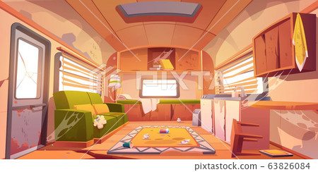 Old dirty interior of camper with broken furniture 63826084