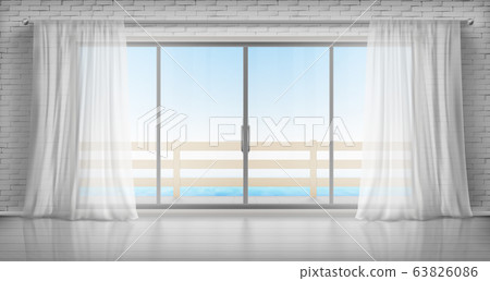 Empty room with glass door to balcony and curtains 63826086