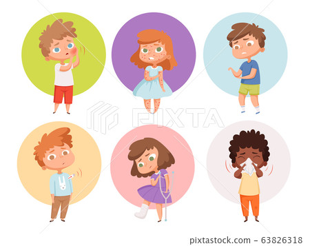 Sick kids. Health problems children flu unhealthy people sickness vomiting vector characters Sick kids. Health problems children flu unhealthy people sickness vomiting vector characters 63826318