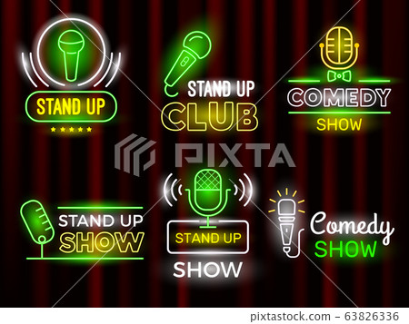 Standup comedy. Open microphone comedian symbols vector neon logotype set Standup comedy. Open microphone comedian symbols vector neon logotype set 63826336