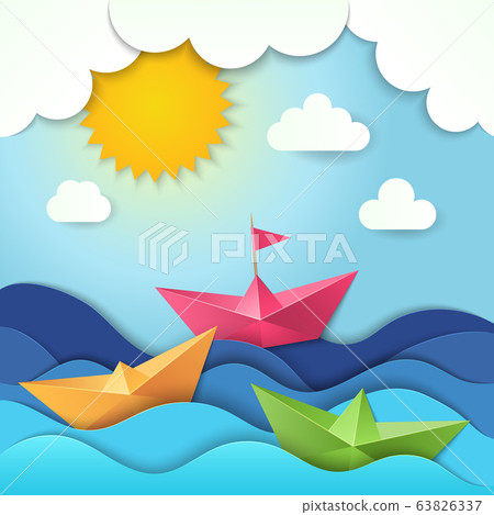 Origami boat. Cut paper ocean waves shadows vector ship stylized illustration Origami boat. Cut paper ocean waves shadows vector ship stylized illustration 63826337