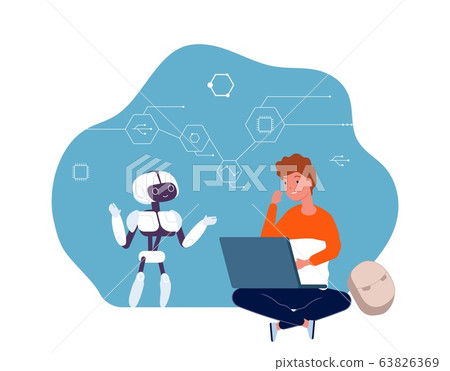 Robotics for children. Boy programming robot. Child engineer make cyborg vector illustration 63826369