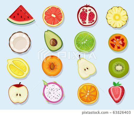 Half fruits circle icons. Cute cartoon healthy vegan natural products plants food orange lemon apple vector clipart set Half fruits circle icons. Cute cartoon healthy vegan natural products plants food orange lemon apple vector clipart set 63826403
