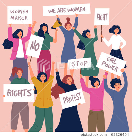 Feministic meeting. Woman protest female young characters with placards politic actions vector crowd people Feministic meeting. Woman protest female young characters with placards politic actions vector crowd people 63826404