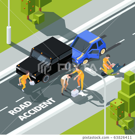 Accidence road. Paramedic first aid help to people police and medical workers vector isometric background 63826411