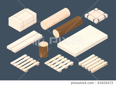 Wooden pallet. Isometric cargo containers and packages timber vector wooden set 63826415