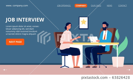Job interview. Corporate company, jobs applicant and specialist. Head hunter, recruitment and hr agency. Woman and business man talking, hiring vector landing page Job interview. Corporate company, jobs applicant and specialist. Head hunter, recruitment and hr agency. Woman and business man talking, hiring vector landing page 63826428