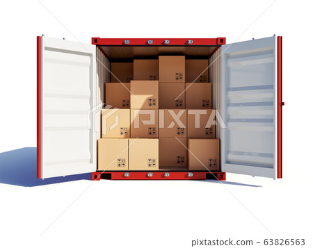 Opened cargo container with cardboards 63826563
