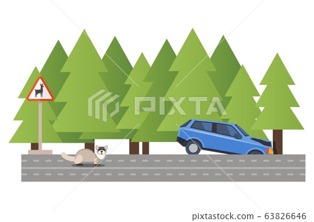 Car involved accident, vehicle crash forest road, fell ditch, machine accident due wild animal, isolated on white, flat vector illustartion. Warning sign Deer. Car involved accident, vehicle crash forest road, fell ditch, machine accident due wild animal, isolated on white, flat vector illustartion. Warning sign Deer. 63826646