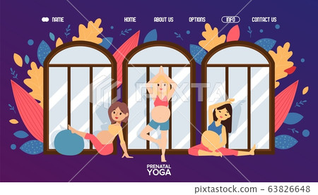Pregnant women, healthy yoga sport for gestation period, flat vector illustration. Landing page mother wholesome. Website template. 63826648