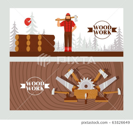 Woodworking banner, character lumberjack with axe, saw, hammer, instrument, tool, woodland processing flat vector illustration. Woodworking banner, character lumberjack with axe, saw, hammer, instrument, tool, woodland processing flat vector illustration. 63826649