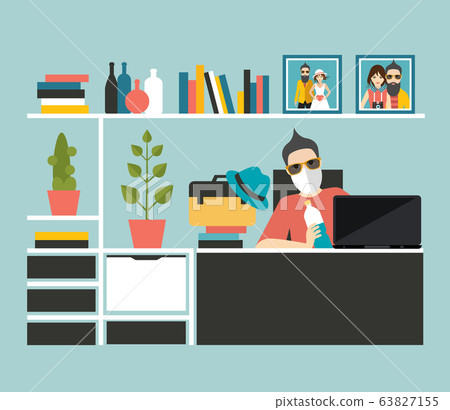 Business man in the office wear mask to prevent corona virus. Flat vector. 63827155