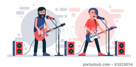 Rock singer with an electric guitar sings into microphone on stage 63828054