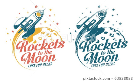 A rocket flying around the moon - vintage emblem poster print 63828088