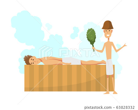 Young man lying on a sunbed. Bathhouse or banya procedure filled with steam. Vector flat people. Activity for wellness and recreation. People Enjoying Sauna Procedures Young man lying on a sunbed. Bathhouse or banya procedure filled with steam. Vector flat people. Activity for wellness and recreation. People Enjoying Sauna Procedures 63828332