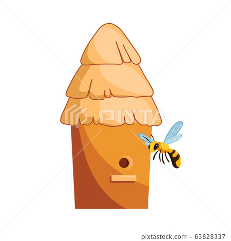 Traditional Wood Hive For Bees with bees around it. Illustration of a cartoon wooden beehive, for beekeeping agriculture 63828337
