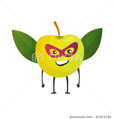 Cartoon superhero apple. Fruit in mask and cape. Cute childish cartoon character. Funny cartoon fruit in superhero costume. Logo concept of healthy diet. Vector illustration 63828380