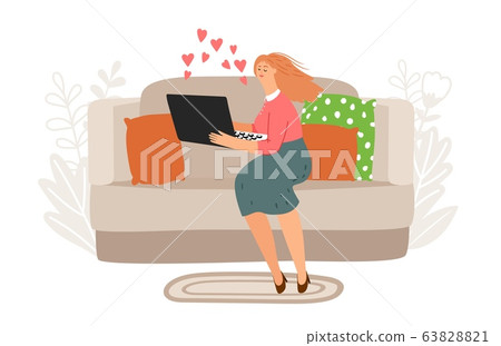 Online video chat vector illustration. Woman with notebook on sofa. Online dating concept 63828821