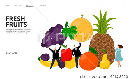 Fresh fruits web page. Tiny people, pineapple, bananas, plump, grapes vector illustration. Fruit diet landing page Fresh fruits web page. Tiny people, pineapple, bananas, plump, grapes vector illustration. Fruit diet landing page 63828900