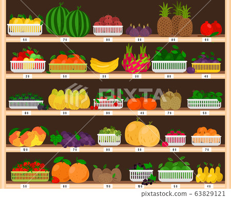 Fruits supermarket shelves. Food farm store interior with fruit showcase, fresh grocery shop with eco ripe apples and strawberries, dragonfruit and pineapples 63829121