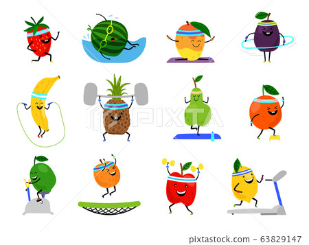 Sport fruits characters. Funny fruit foods on sport exercises, vector fitness vitaminic human healthy nutrition Sport fruits characters. Funny fruit foods on sport exercises, vector fitness vitaminic human healthy nutrition 63829147